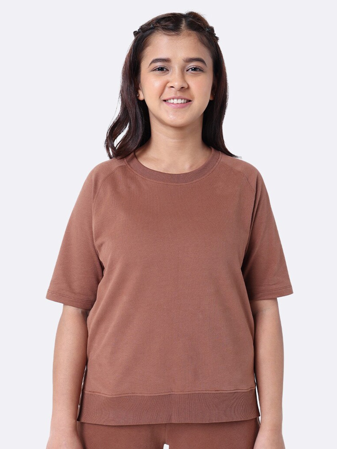 

Blissclub Women Round Neck Raglan Sleeves Willow Soft Cotton Pullover Sweatshirt, Brown