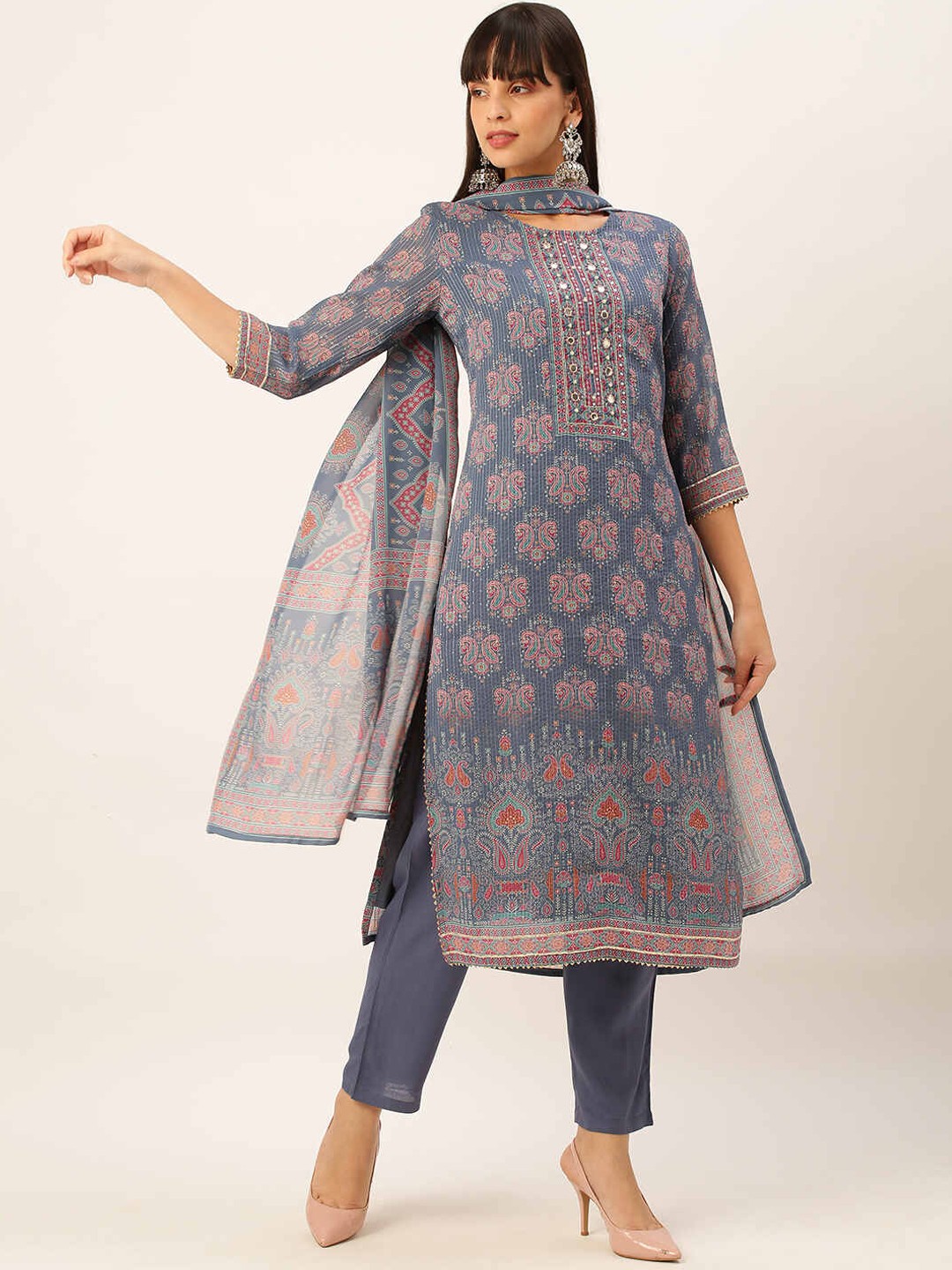 

ZOLA Women Blue Ethnic Motifs Printed Mirror Work Kurta With Trousers & Dupatta