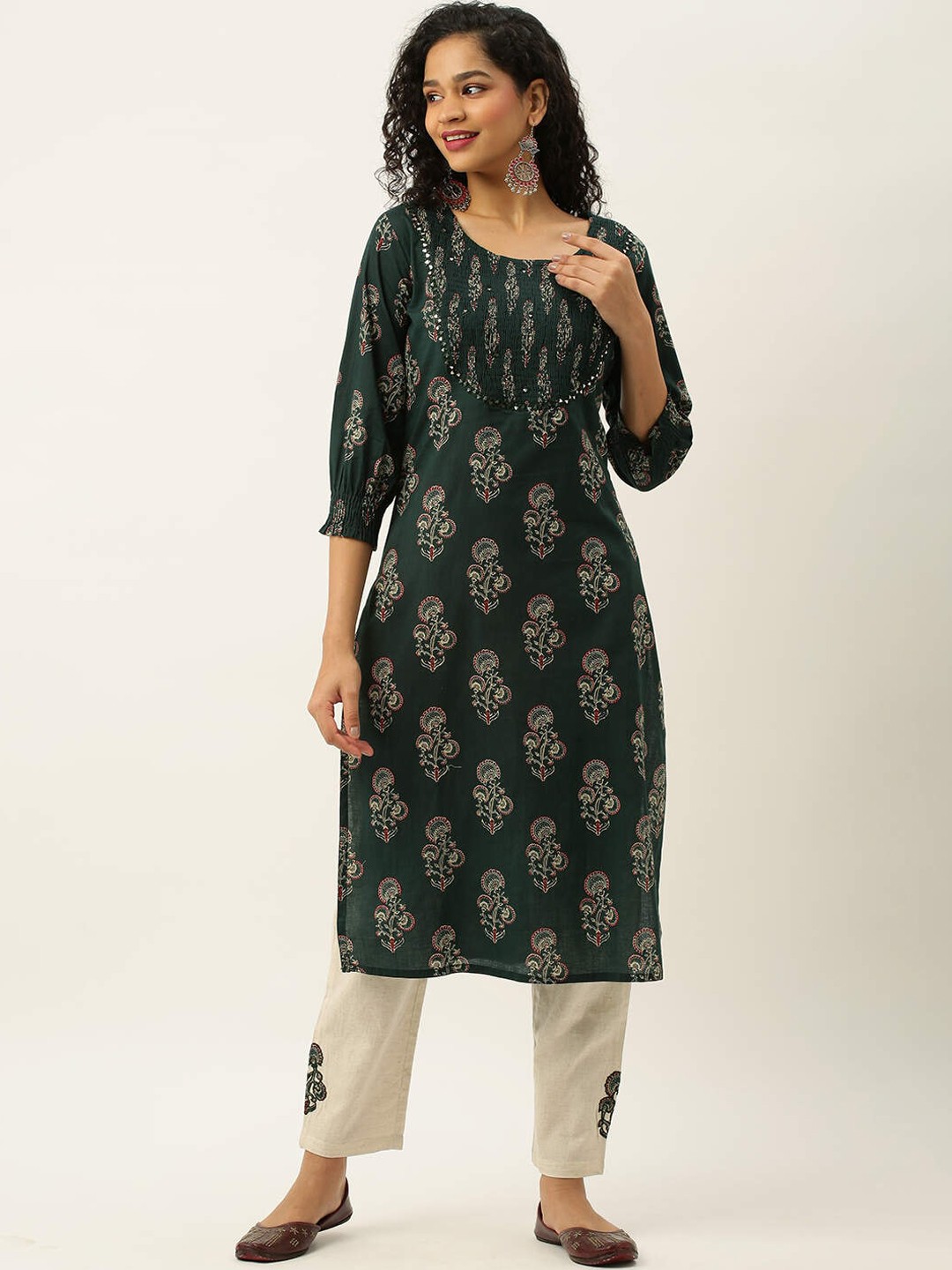

ZOLA Women Ethnic Motifs Printed Pure Cotton Kurta with Trousers, Green