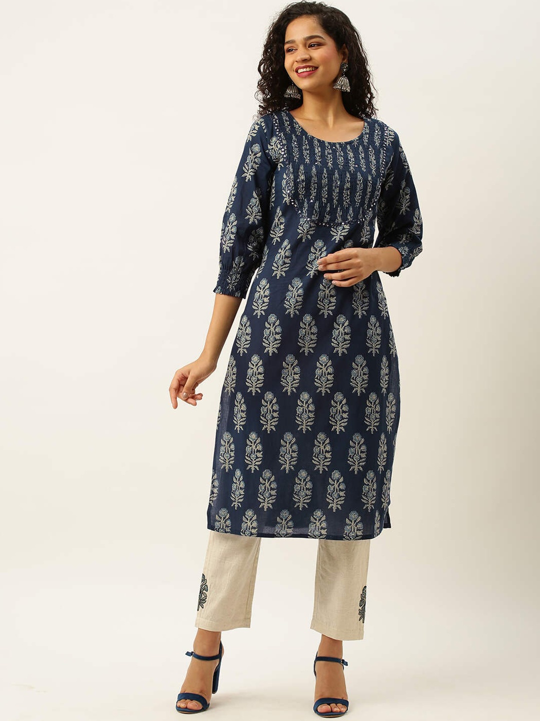 

ZOLA Floral Printed Pure Cotton Kurta with Trousers, Blue