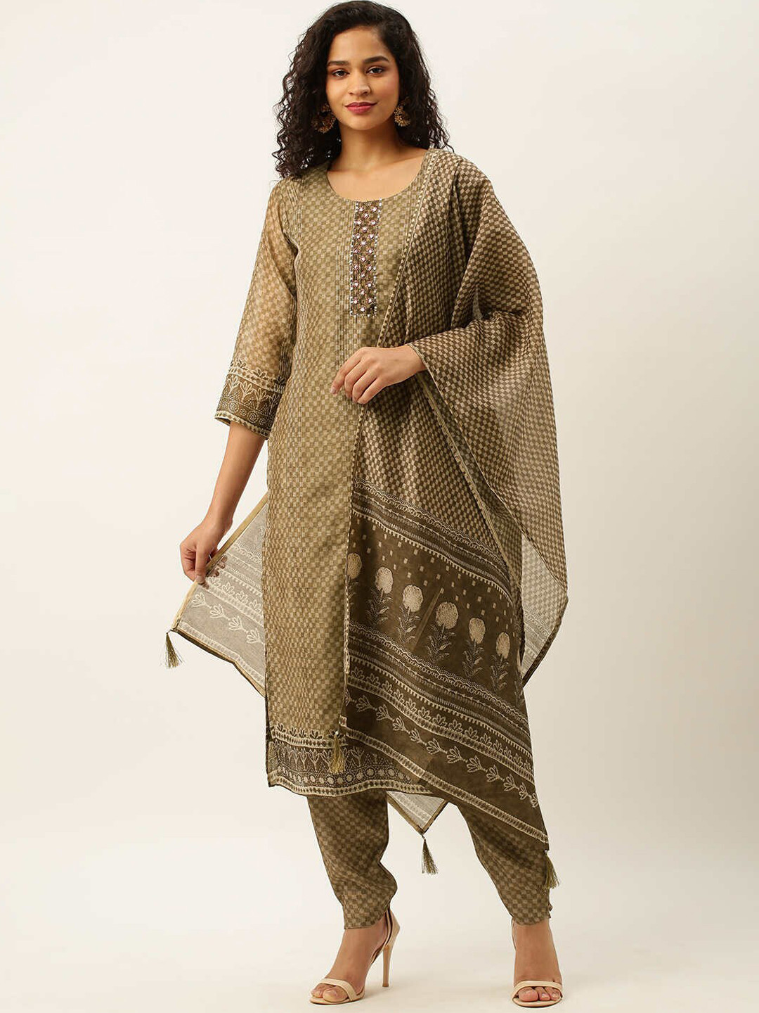 

ZOLA Printed Kurta with Trousers & With Dupatta, Olive