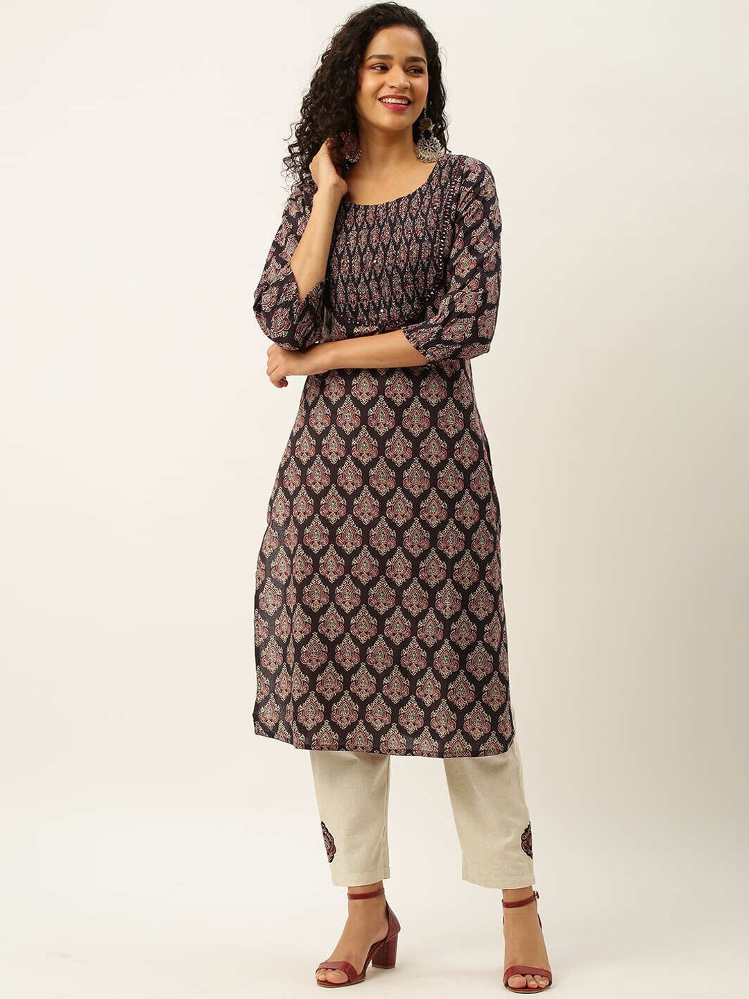 

ZOLA Ethnic Motifs Printed Pure Cotton Kurta with Trousers, Brown