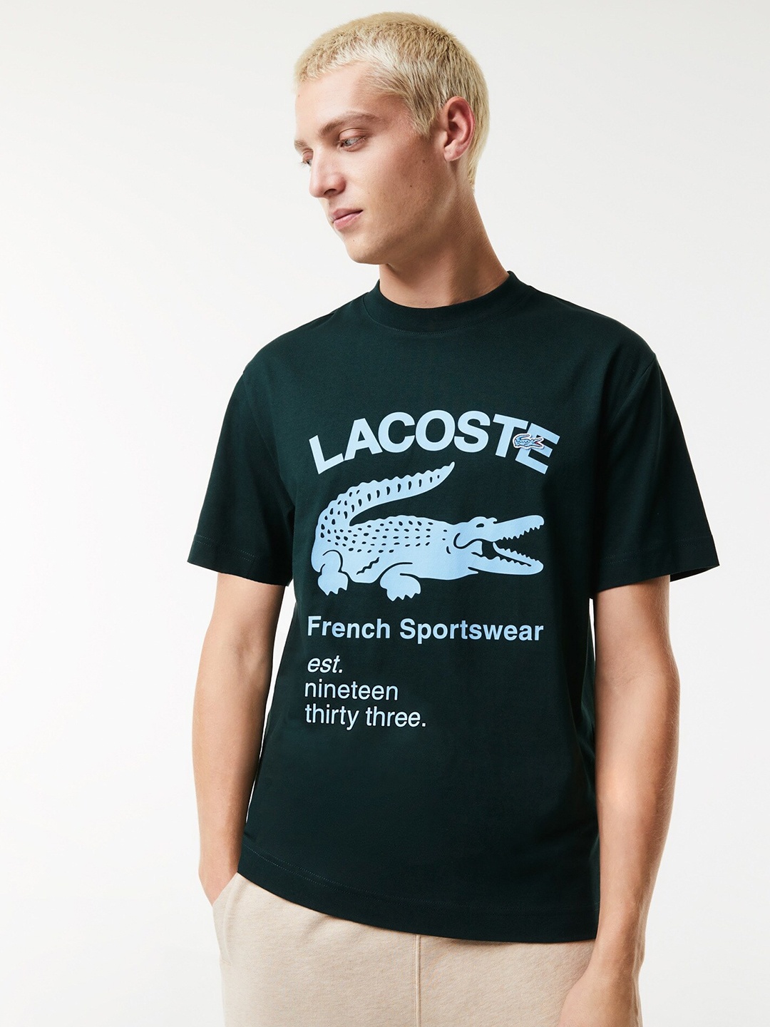 

Lacoste Men Typography Printed Round Neck Pure Cotton T-shirt, Green