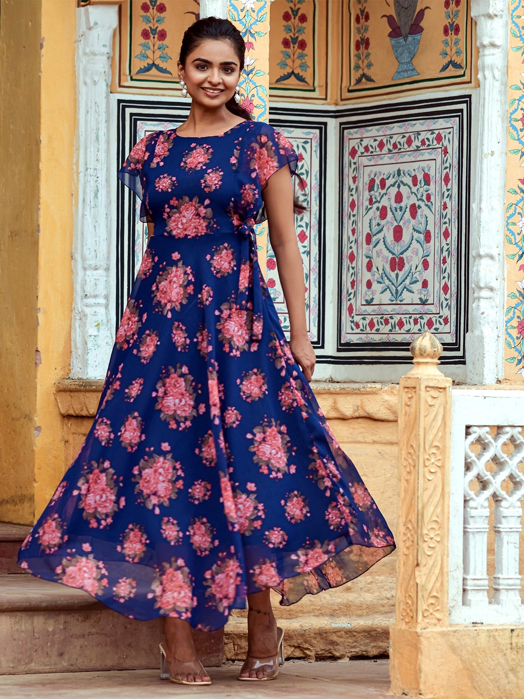 

ASPORA Floral Georgette Maxi Dress, Navy blue