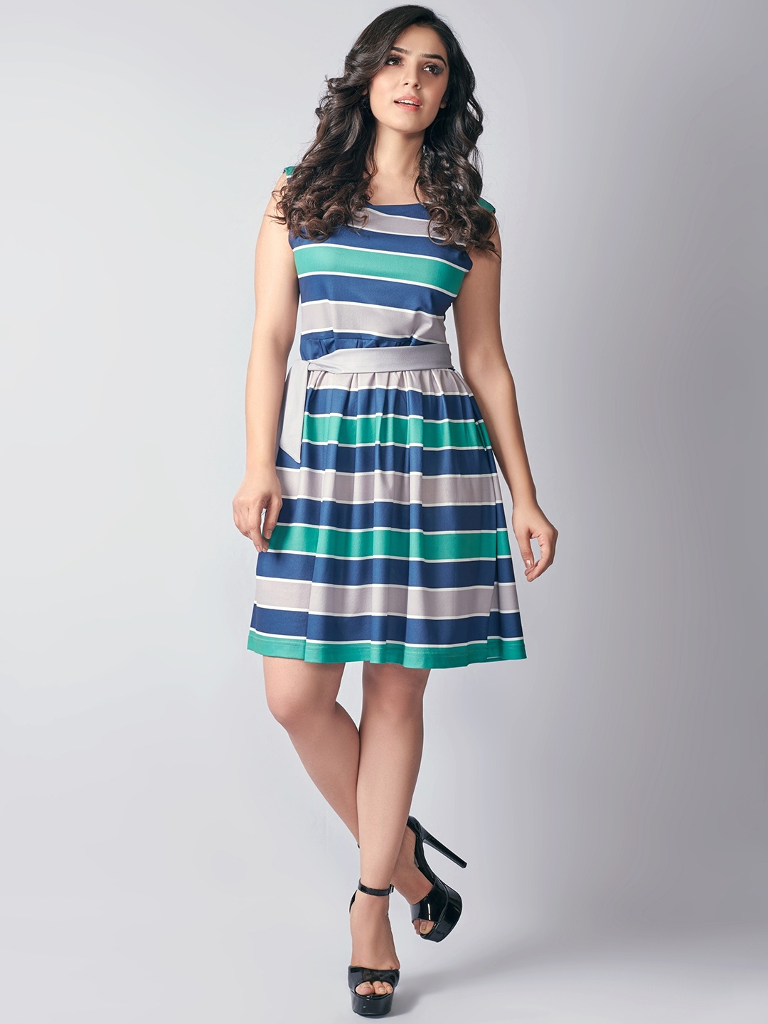 

ASPORA Colourblocked Striped Fit & Flare Dress, Blue