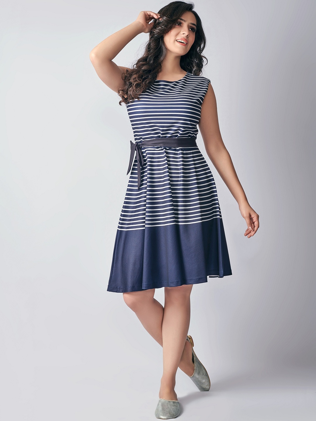 

ASPORA Striped Fit & Flare Dress, Navy blue