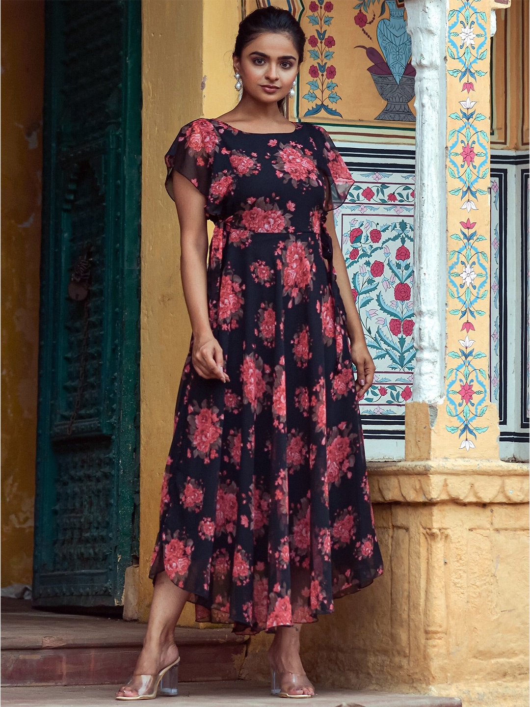 

ASPORA Floral Georgette A-Line Maxi Dress, Black