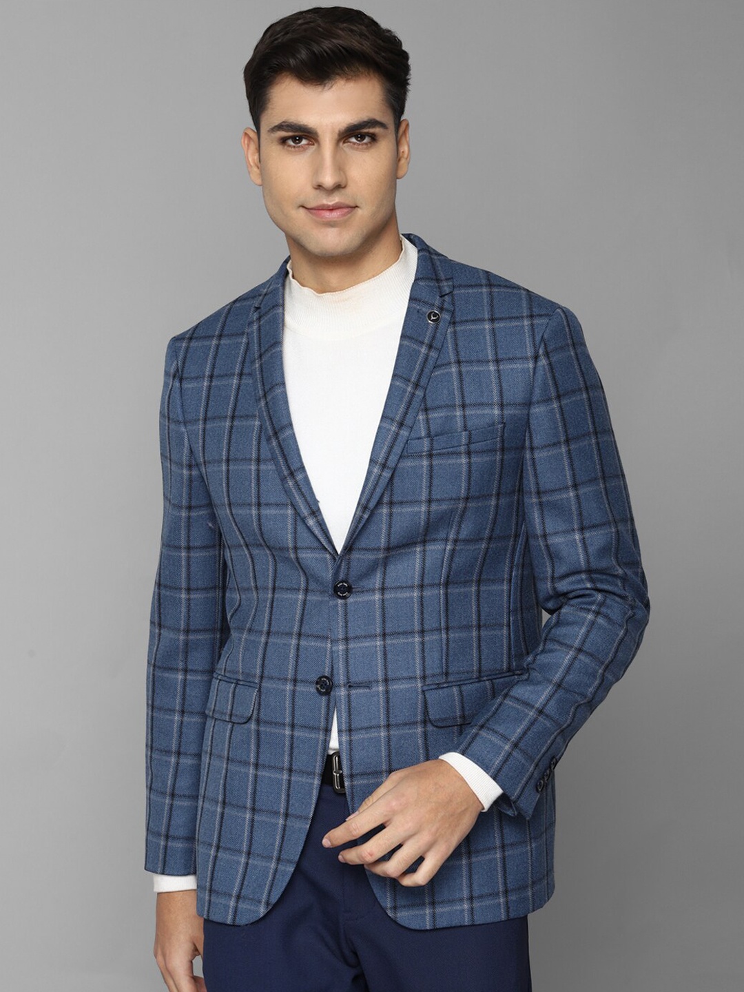 

Allen Solly Men Checked Single-Breasted Slim-Fit Formal Blazer, Blue