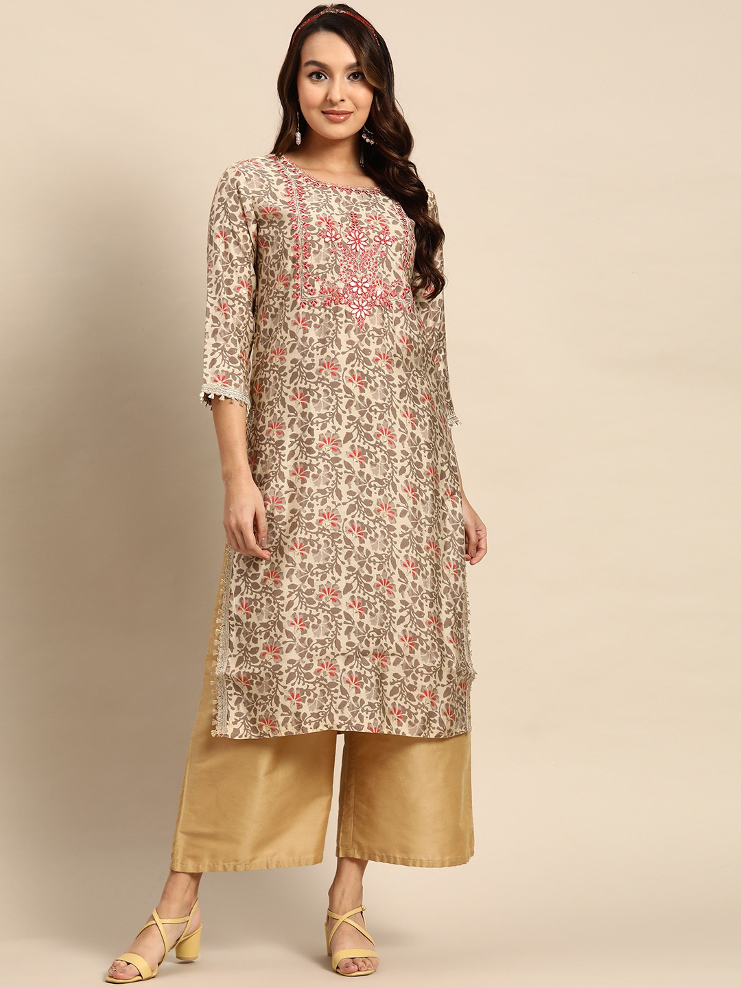 

Sangria Women Beige Floral Yoke Design Thread Work Floral Chanderi Silk Kurta