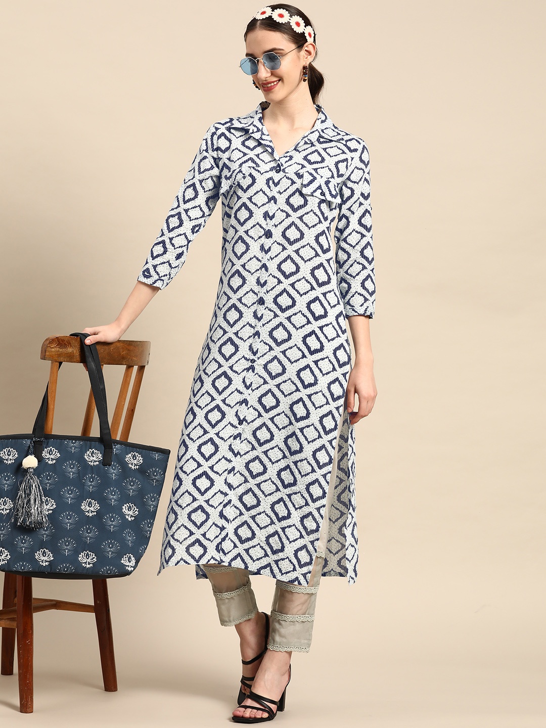 

Sangria Women White & Navy Blue Printed Kantha Work Cotton Pakistani Style Kurta