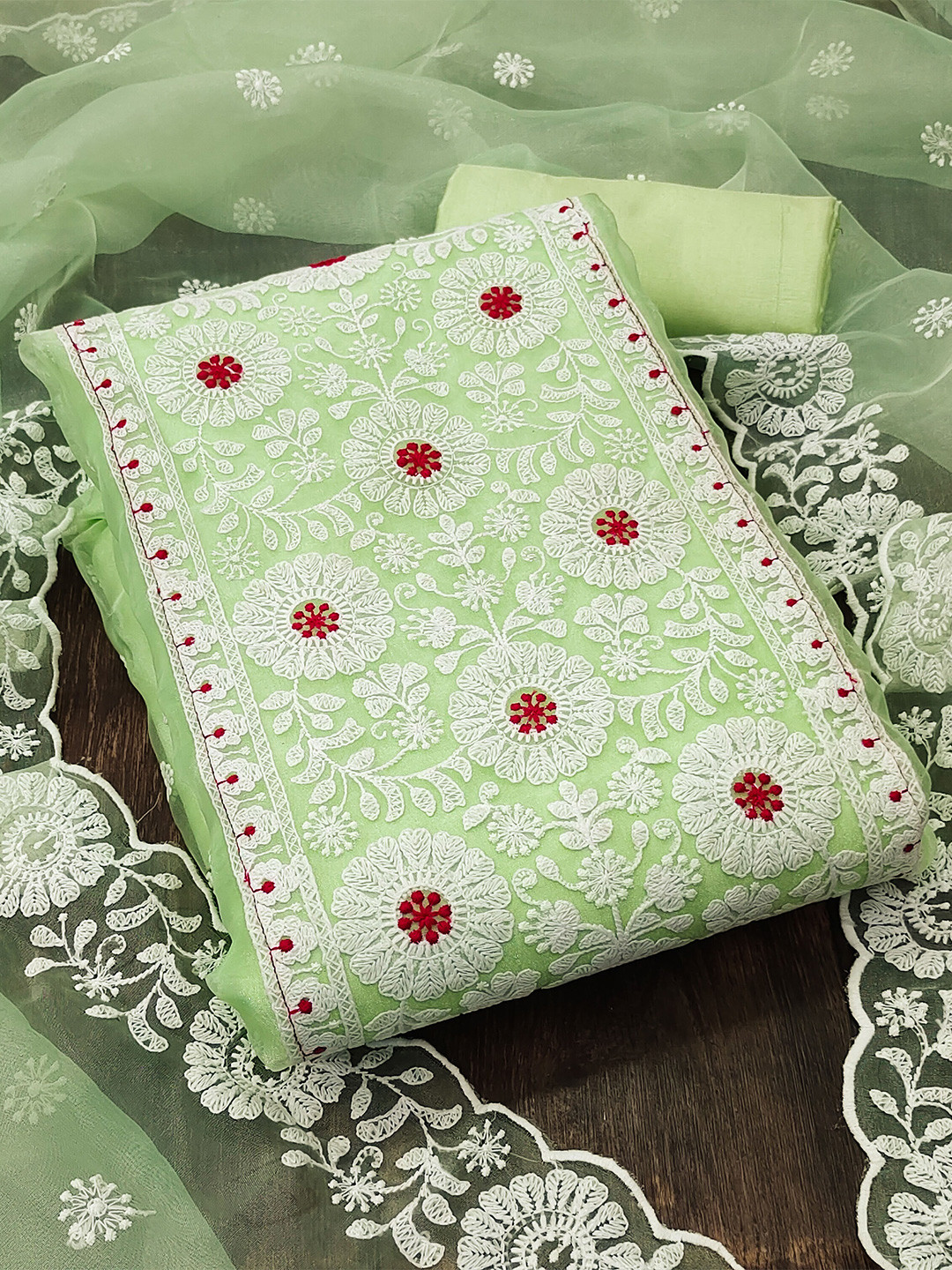 

KALINI Embroidered Organza Unstitched Dress Material, Green