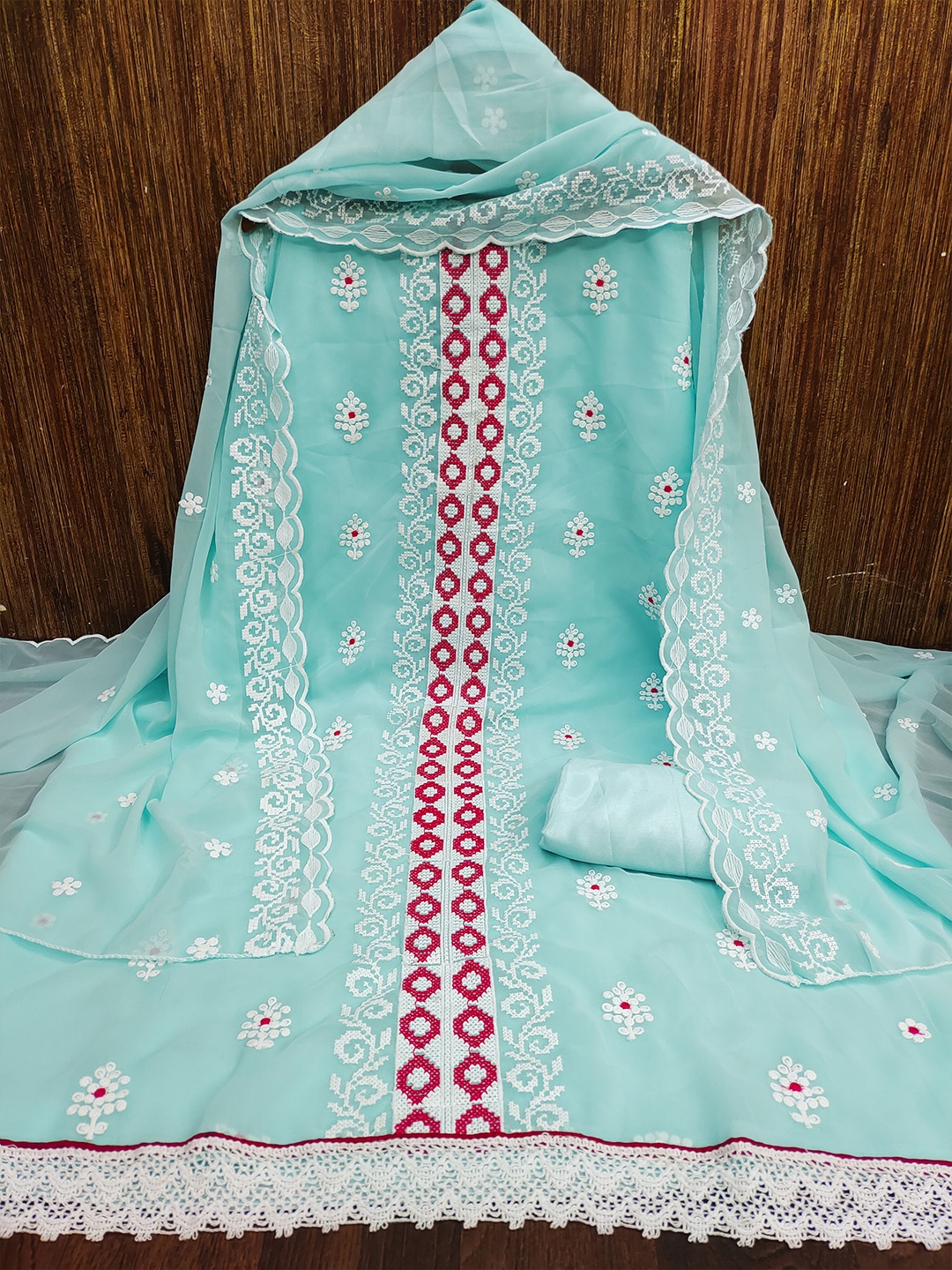 

KALINI Embroidered Unstitched Dress Material, Turquoise blue