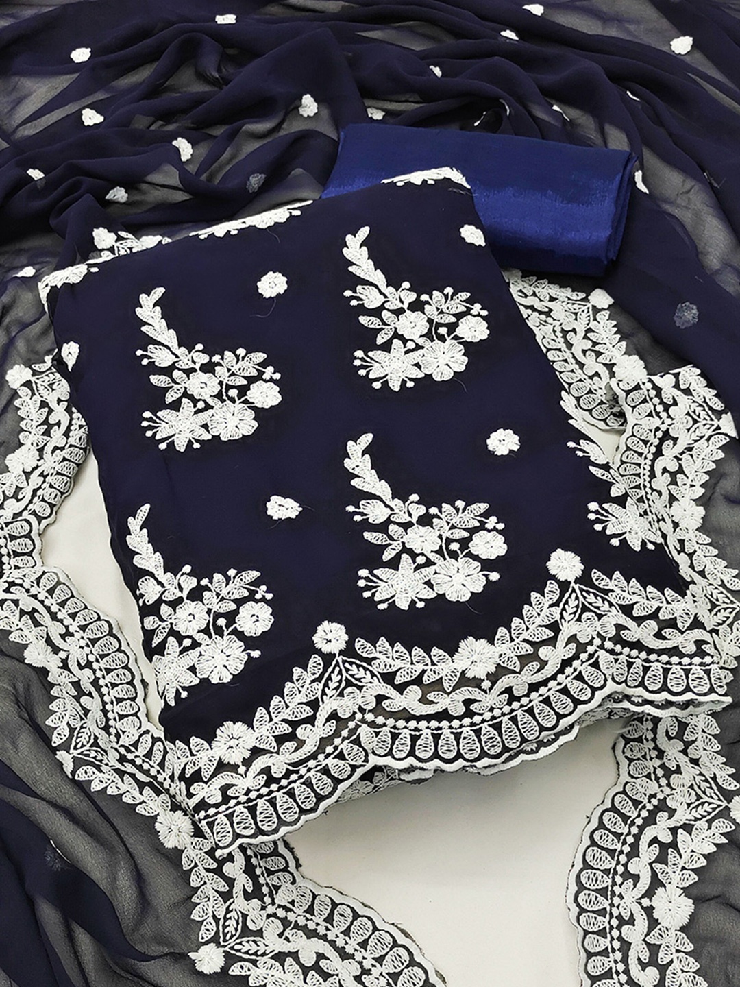 

KALINI Embroidered Unstitched Dress Material, Navy blue