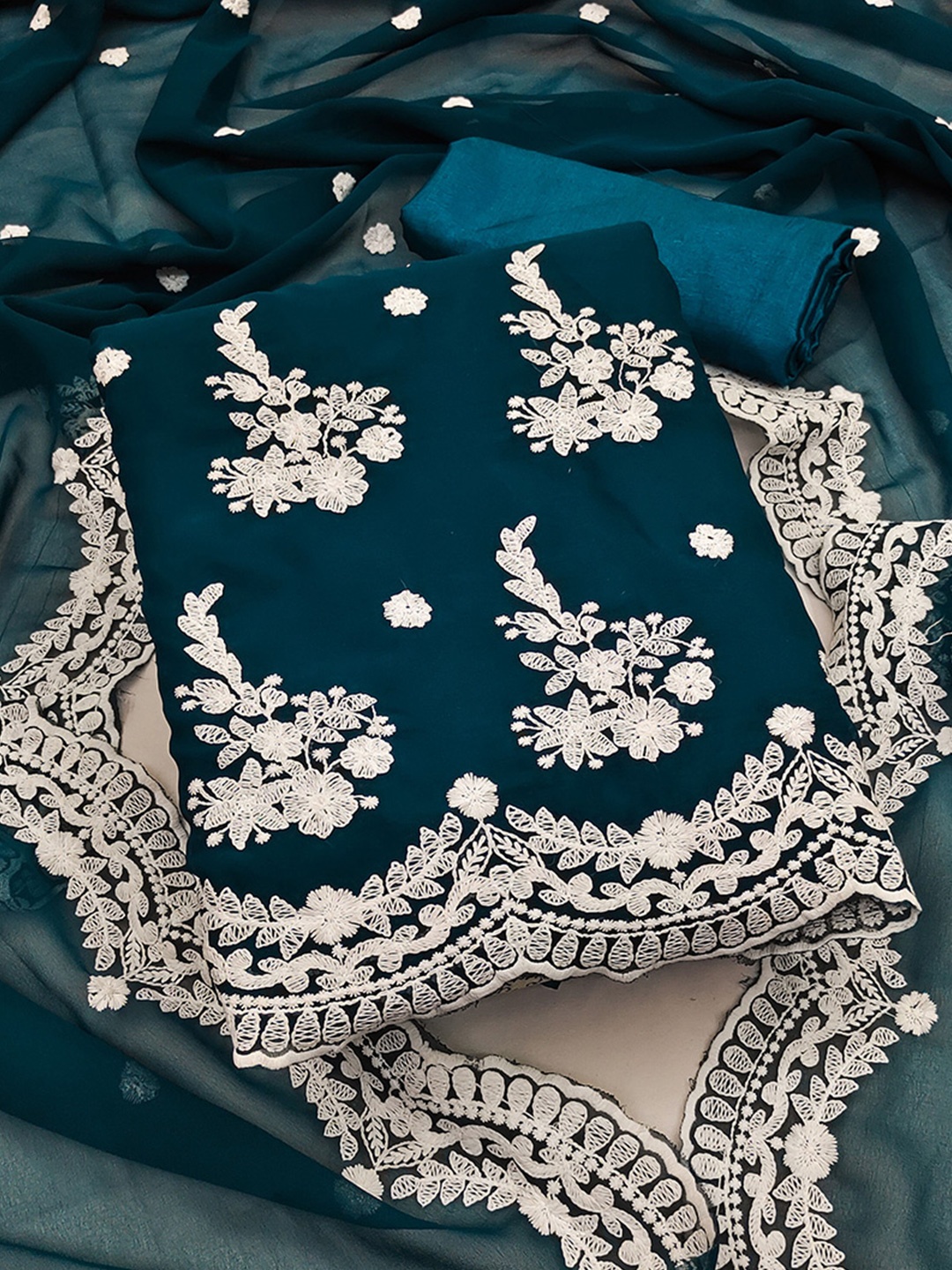 

KALINI Embroidered Unstitched Dress Material, Teal