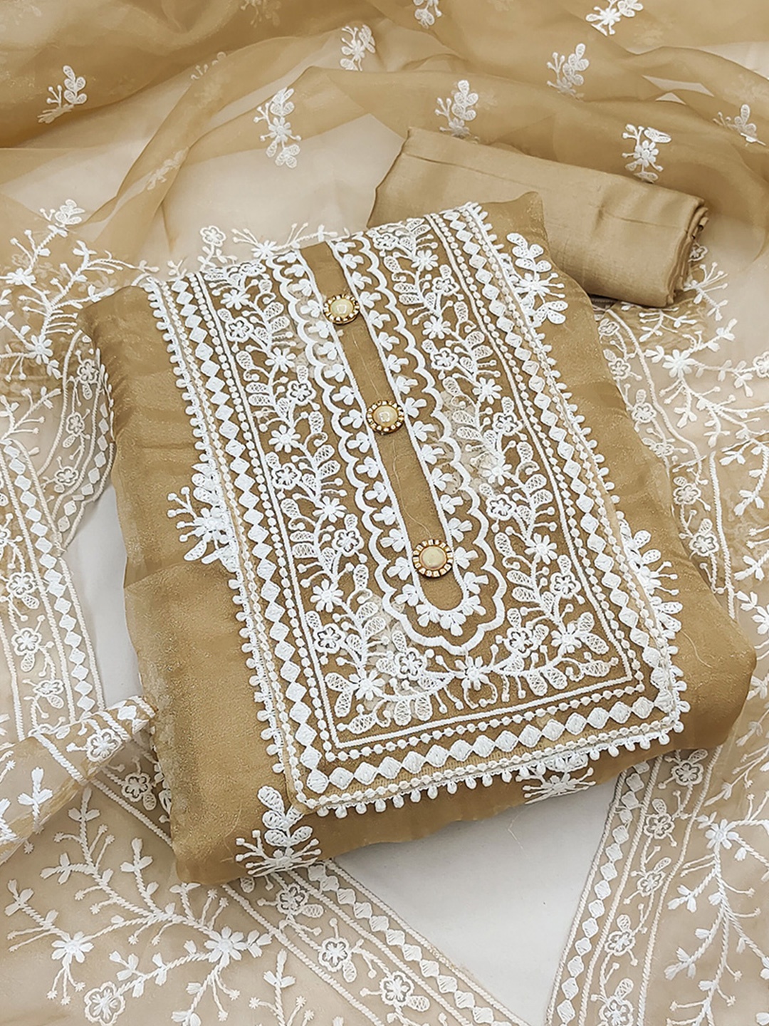 

KALINI Embroidered Organza Unstitched Dress Material, Beige