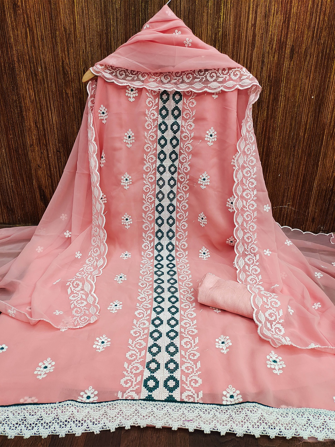 

KALINI Embroidered Unstitched Dress Material, Peach