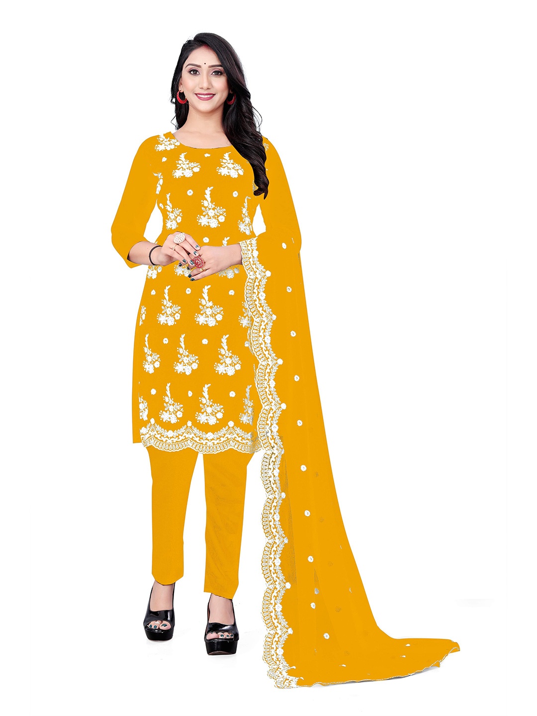 

KALINI Embroidered Unstitched Dress Material, Yellow