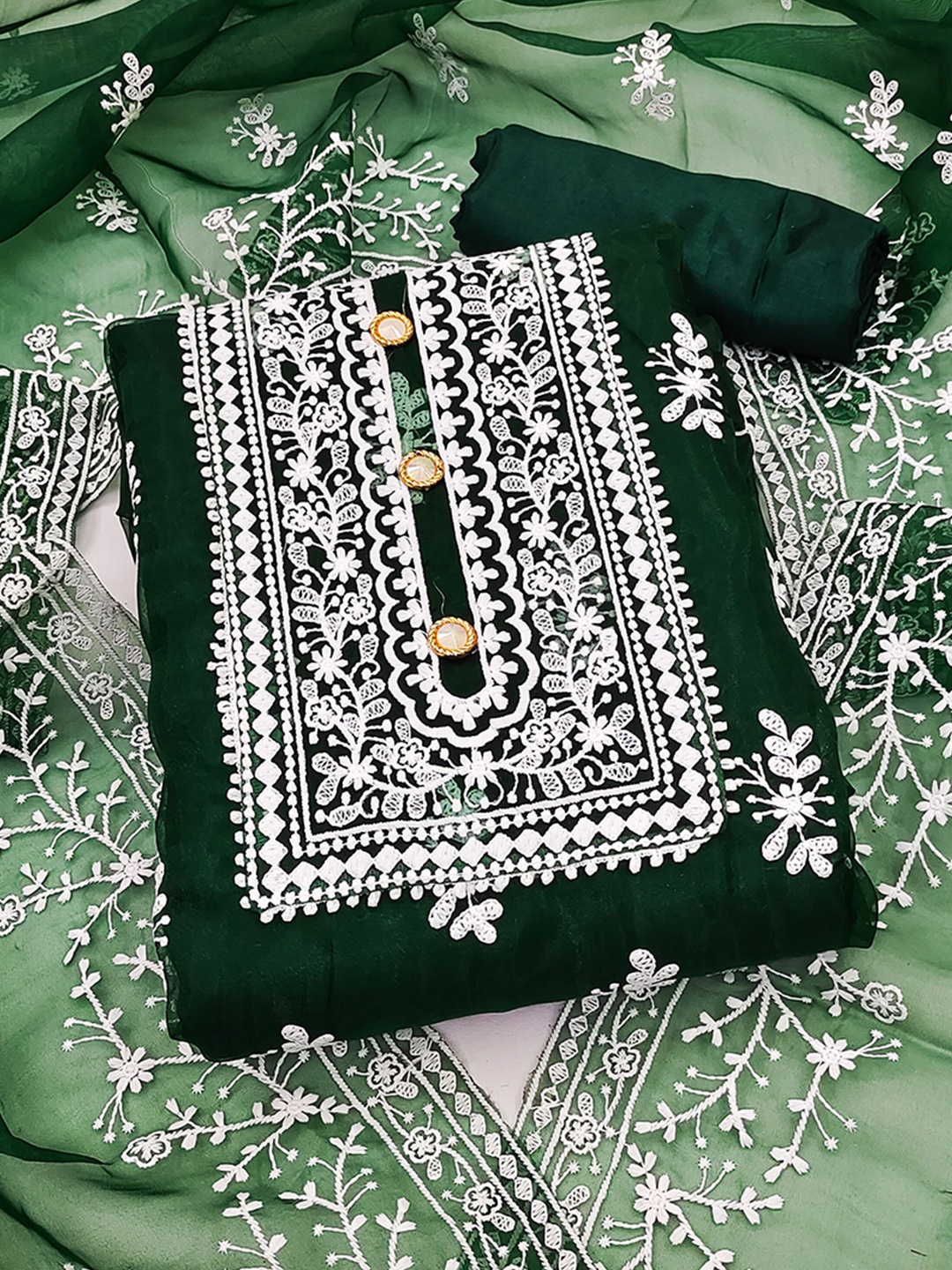 

KALINI Embroidered Organza Unstitched Dress Material, Green