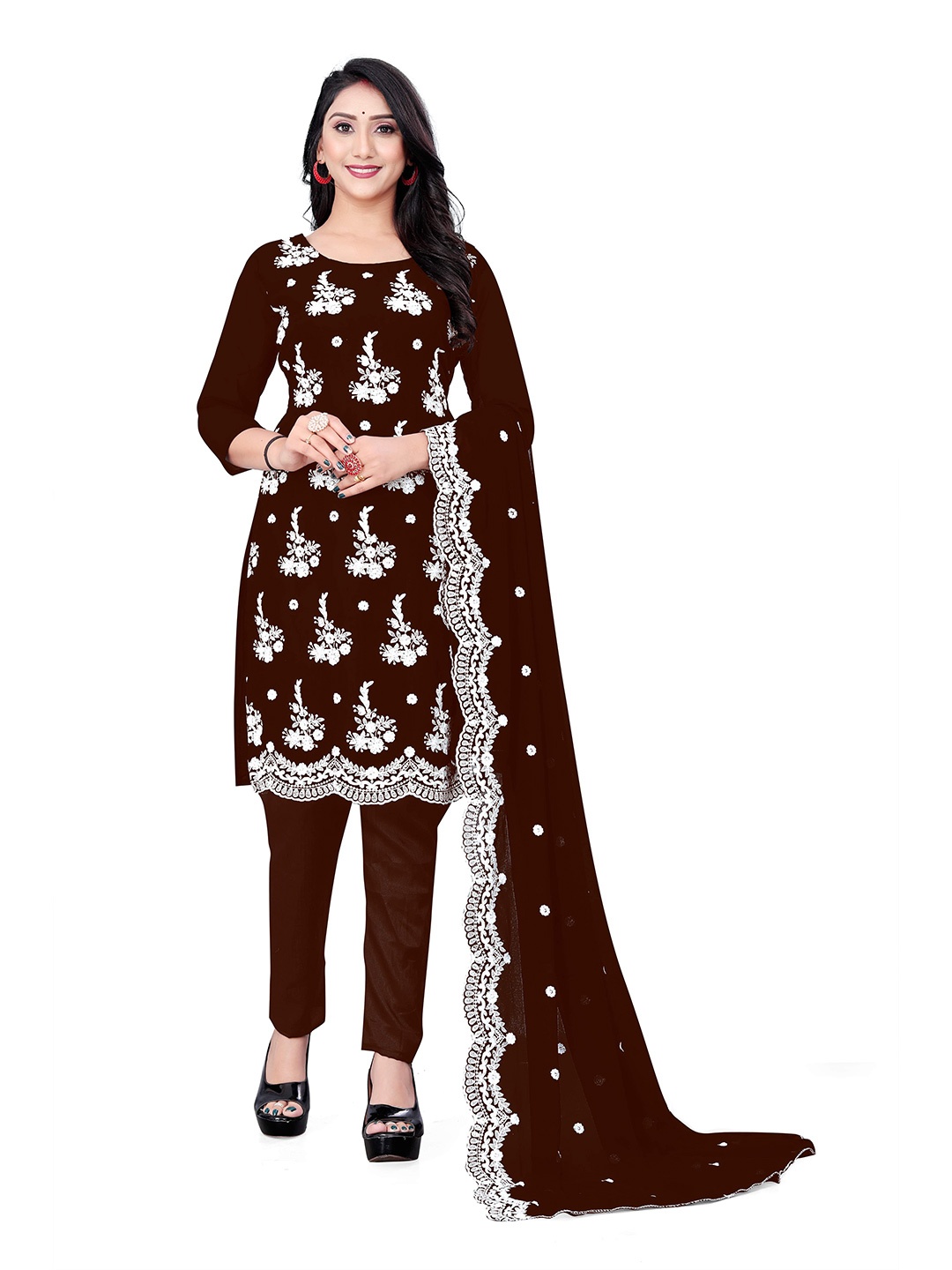 

KALINI Floral Embroidered Unstitched Dress Material, Coffee brown
