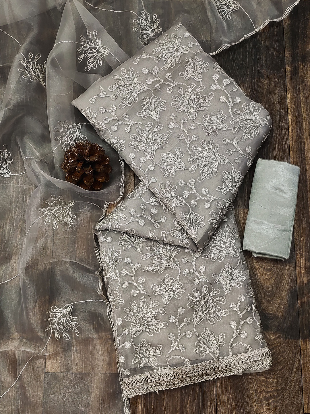 

KALINI Floral Embroidered Organza Unstitched Dress Material, Grey