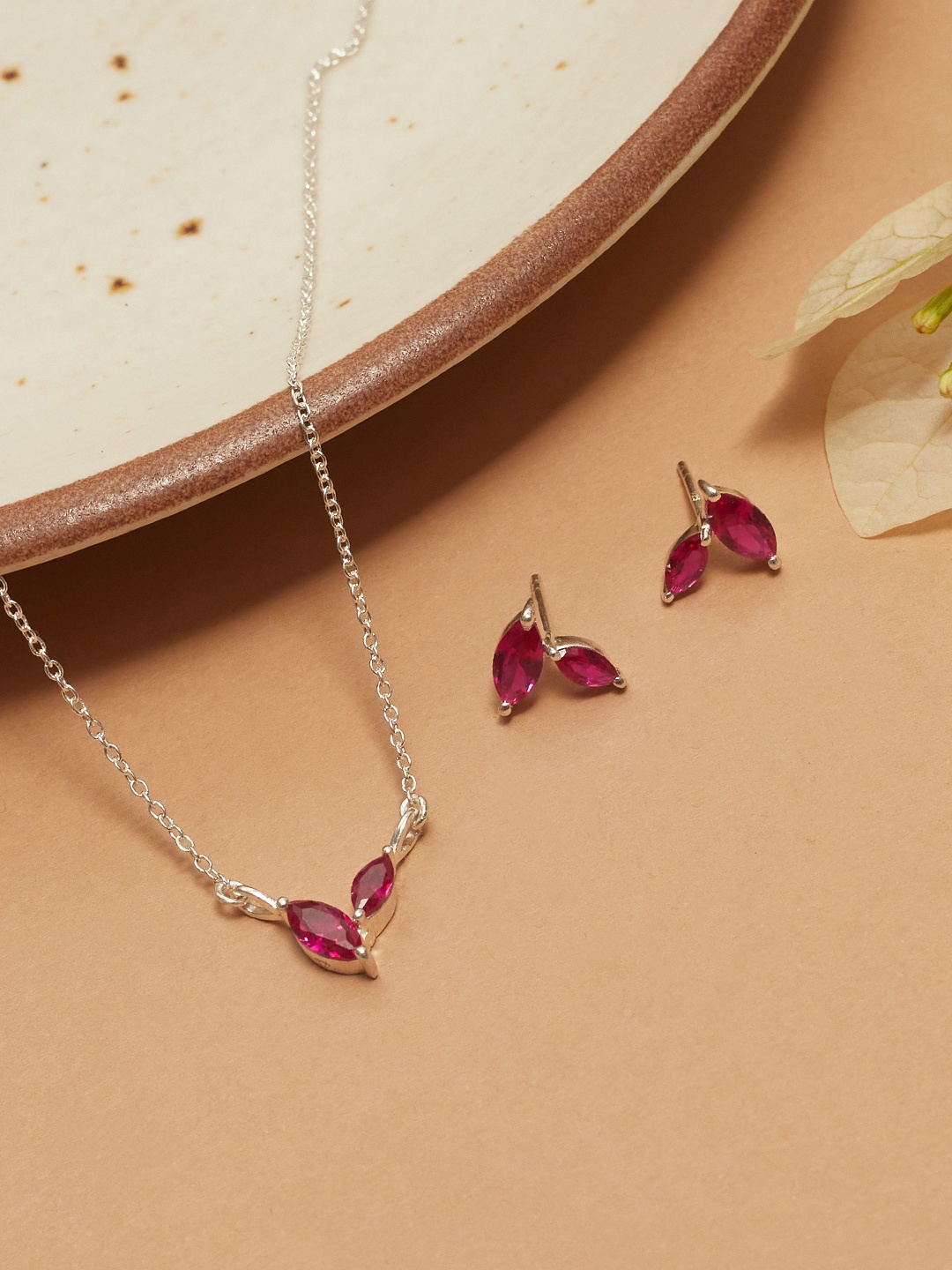 

Studio Voylla 925 Sterling Silver CZ Stone Embellished Jewellery Set, Pink