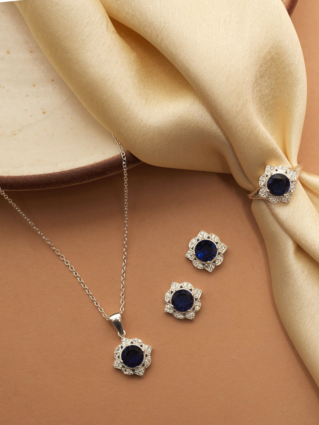 

Studio Voylla 925 Sterling Silver CZ Stone-Studded Jewellery Set