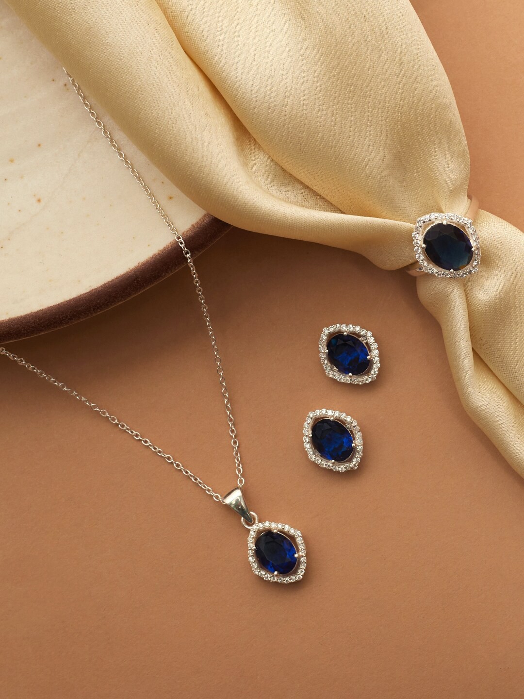 

Studio Voylla 925 Sterling Silver CZ Stone Embellished Jewellery Set, Blue