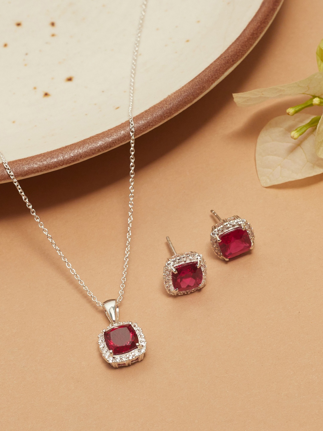 

Studio Voylla 925 Sterling Silver CZ Studded Jewellery Set, Pink