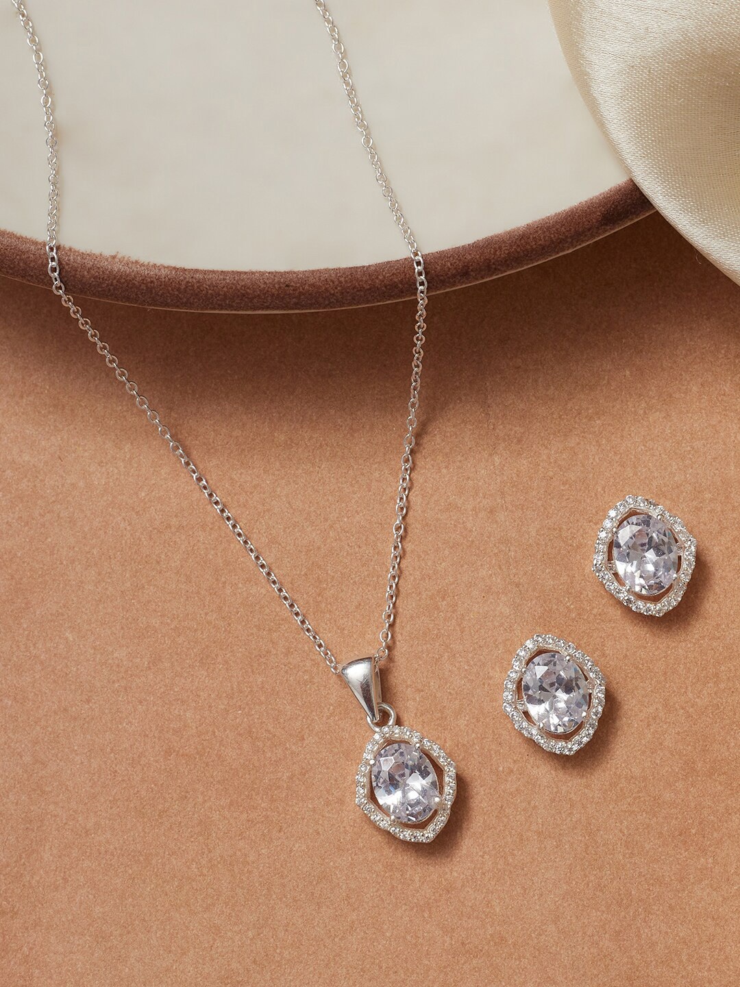 

Studio Voylla 925 Sterling Silver CZ Stones-Studded Oval Shaped Jewellery Set, White