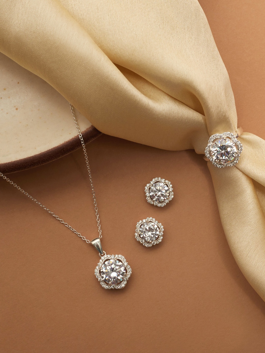 

Studio Voylla 925 Sterling Silver CZ-Studded Pendant Set