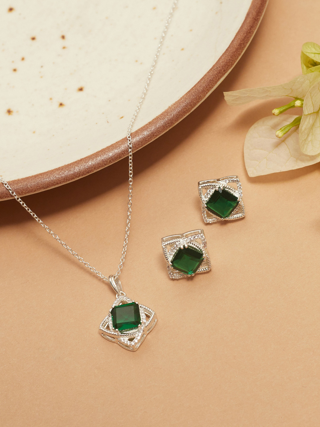 

Studio Voylla CZ-Studded 925 Sterling Silver Pendant Set, Green