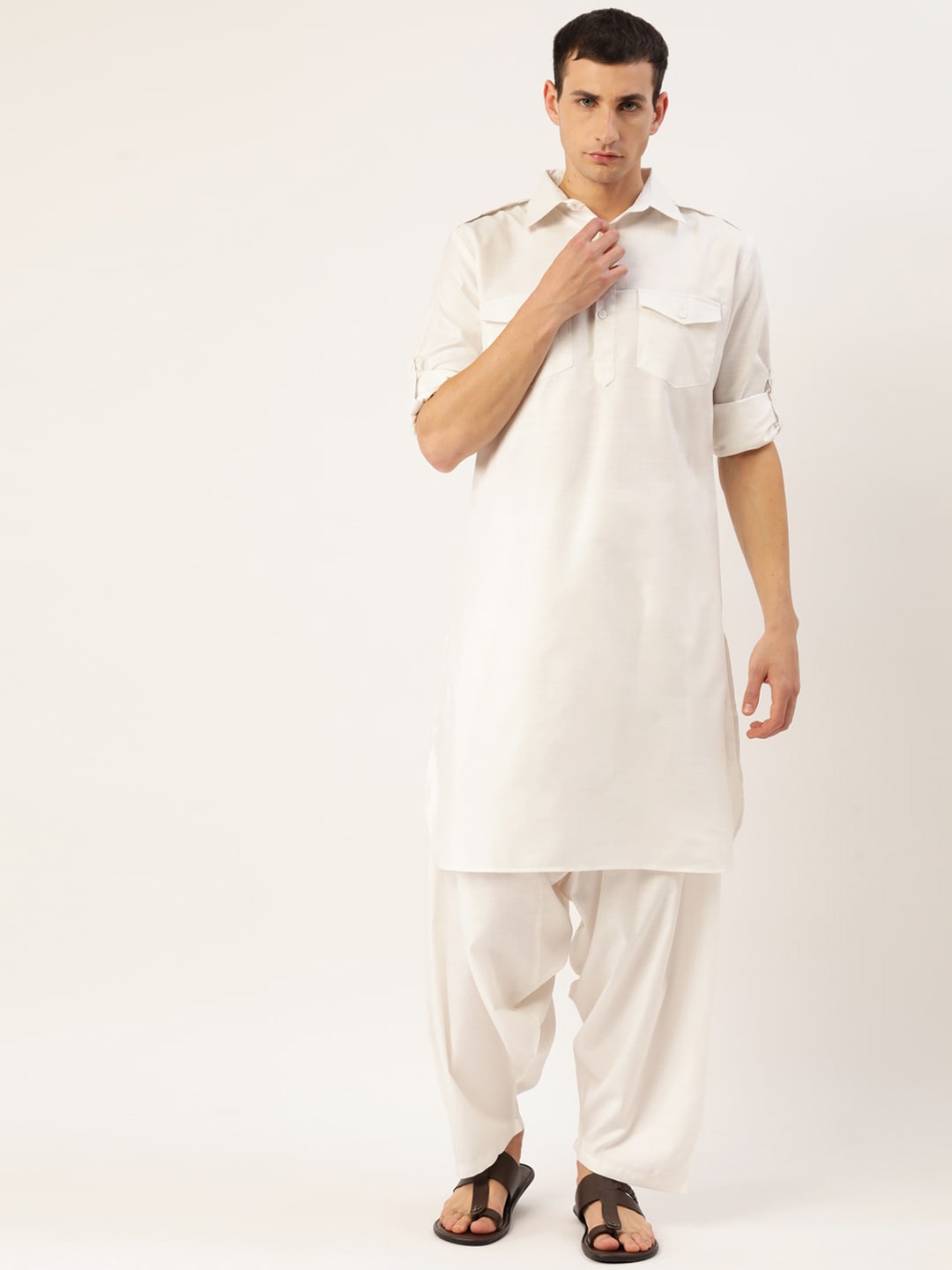 

Molly & Michel Mandarin Collar Cotton Pathani Kurta, Off white