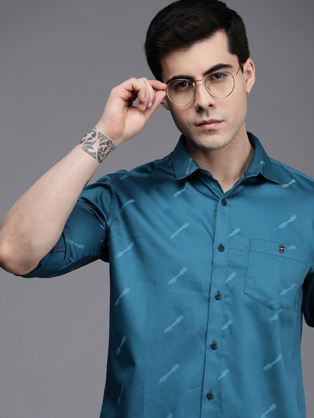 

Louis Philippe Jeans Men Slim Fit Printed Pure Cotton Casual Shirt, Teal