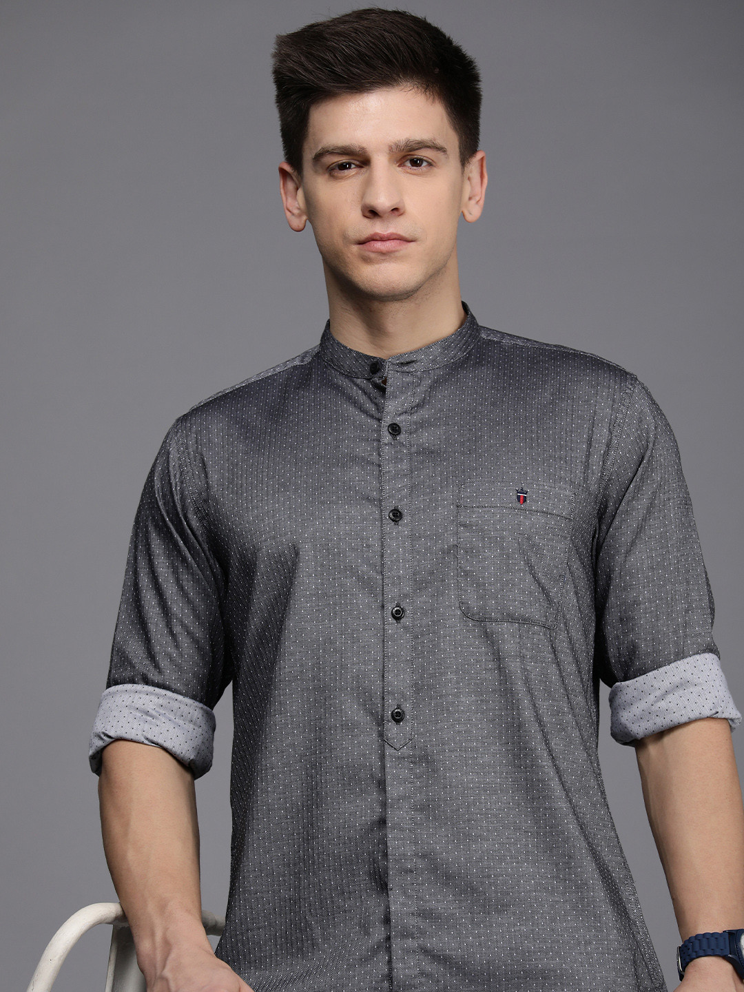 

Louis Philippe Jeans Men Pure Cotton Slim Fit Self Design Casual Shirt, Grey