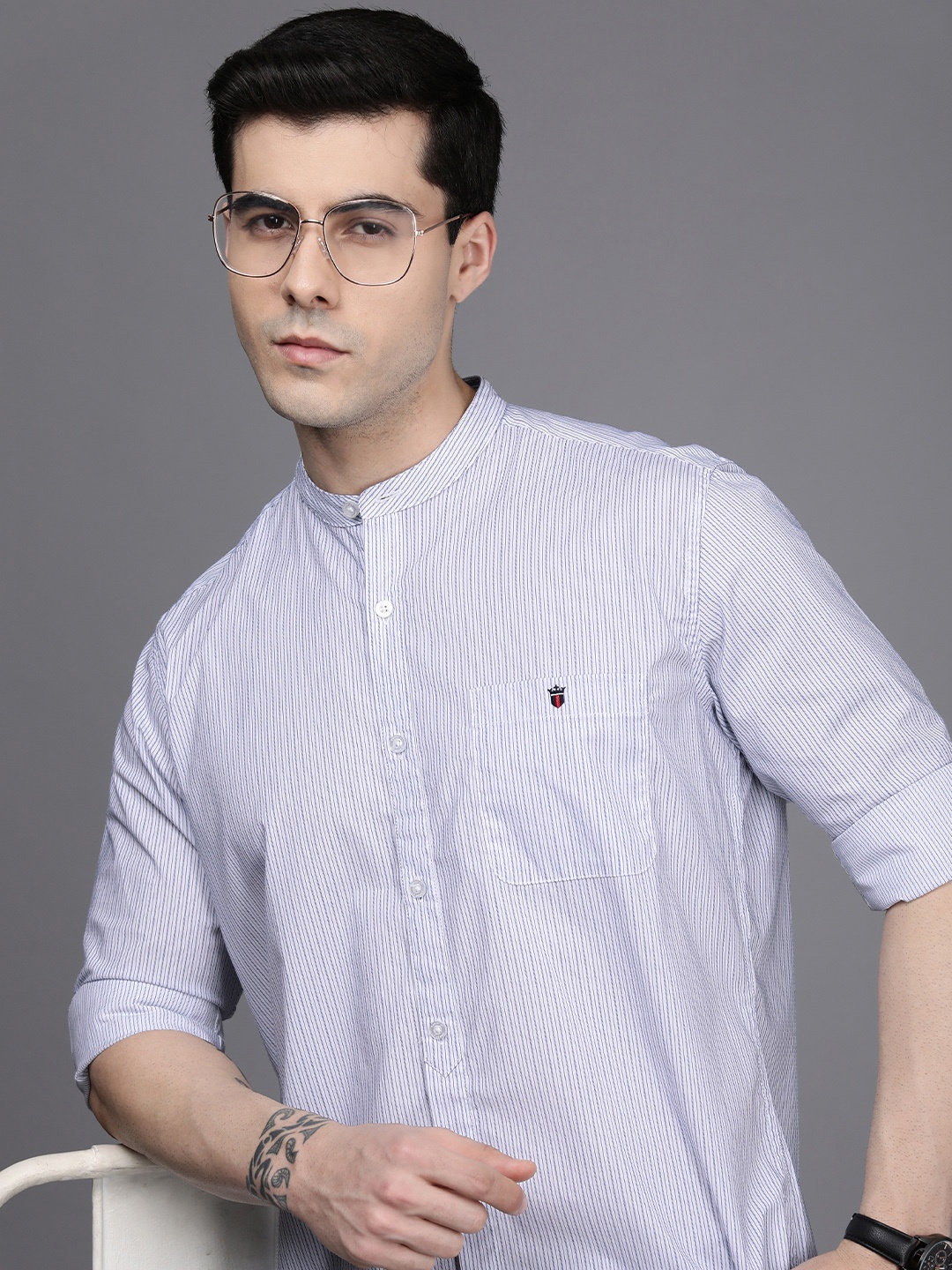 

Louis Philippe Jeans Men Pure Cotton Slim Fit Striped Casual Shirt, Blue