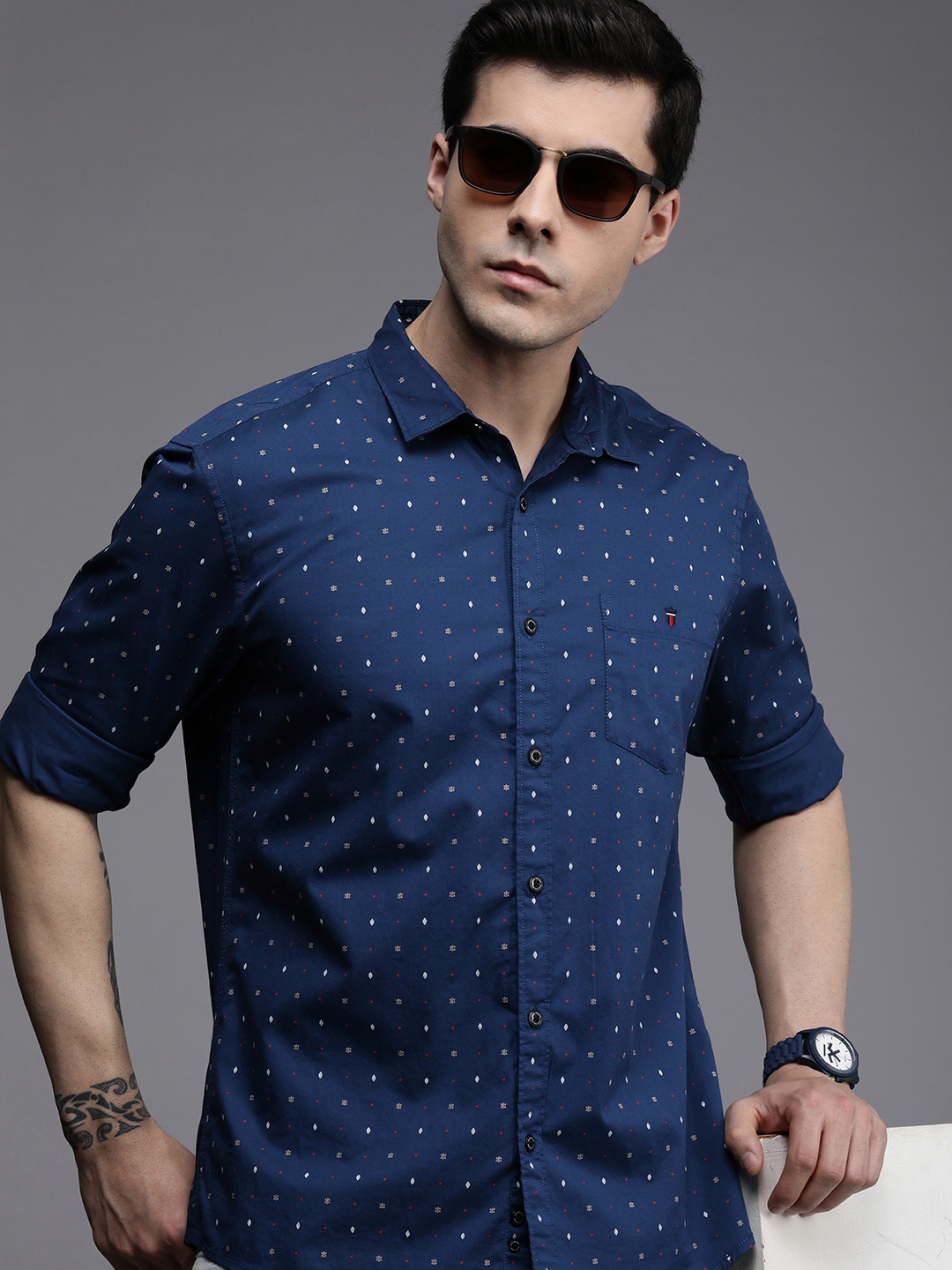 

Louis Philippe Jeans Men Navy Blue Slim Fit Printed Pure Cotton Casual Shirt