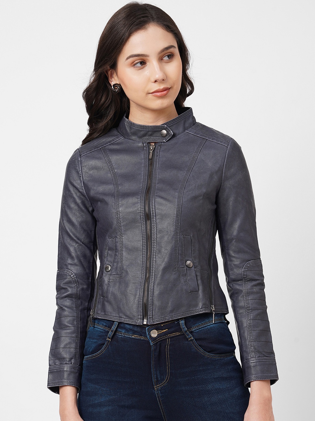 

Kraus Jeans Women Stand Collar Long Sleeves Biker Jacket, Navy blue