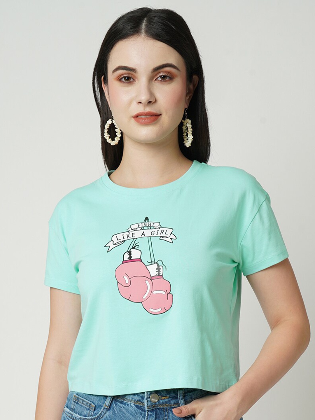 

Kraus Jeans Women Printed Slim Fit Pure Cotton T-shirt, Green