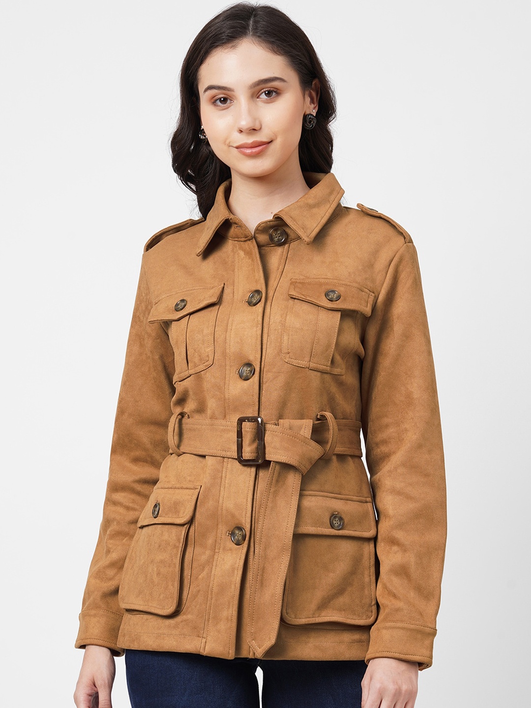 

Kraus Jeans Women Spread Collar Suede Tailored Jacket, Tan