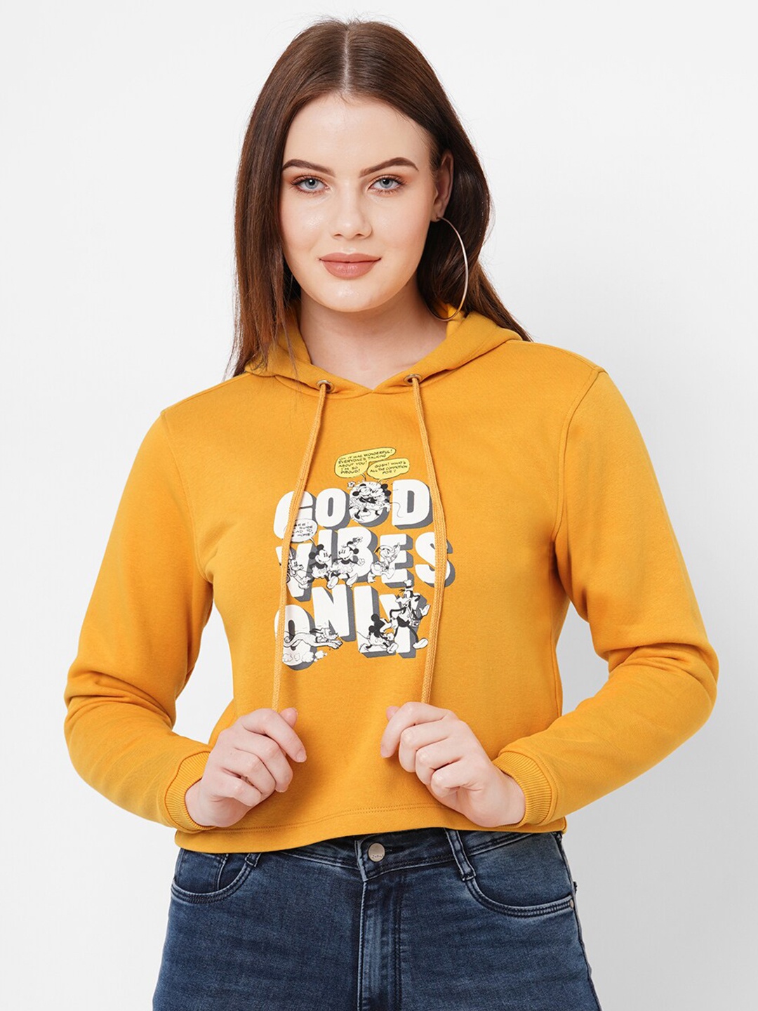 

Kraus Jeans Women Typhography Printed Hooded Sweatshirt, Yellow