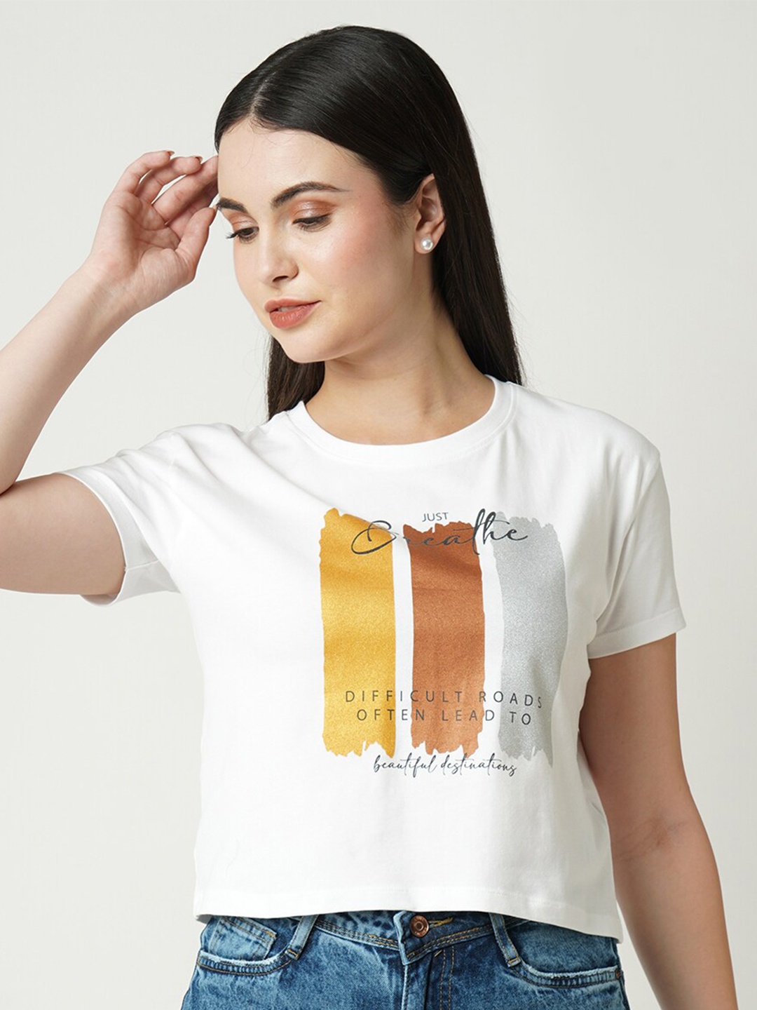 

Kraus Jeans Women Graphic Printed Pure Cotton Slim Fit T-shirt, Off white