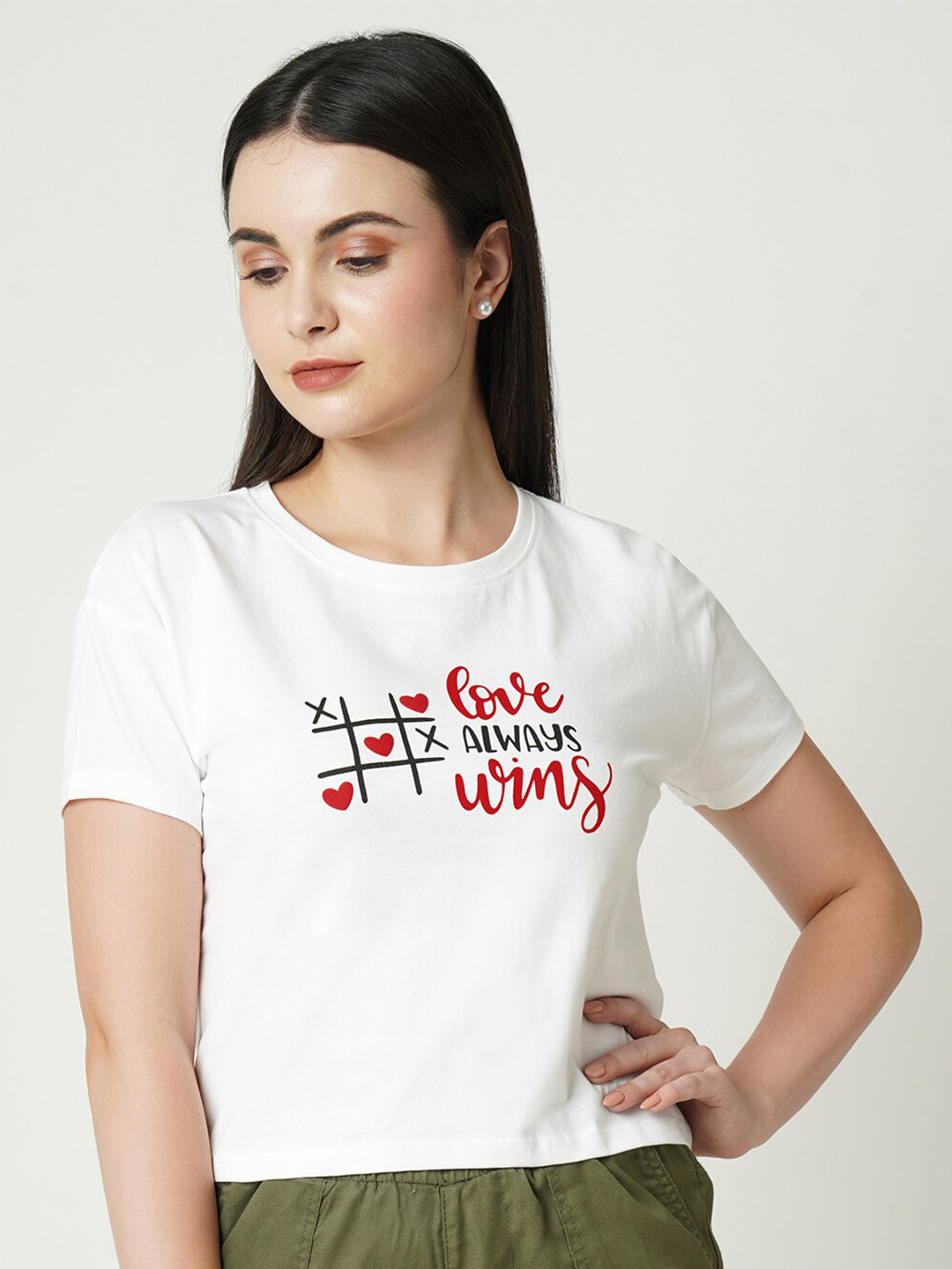

Kraus Jeans Women Typography Printed Crop Cotton T-shirt, Off white