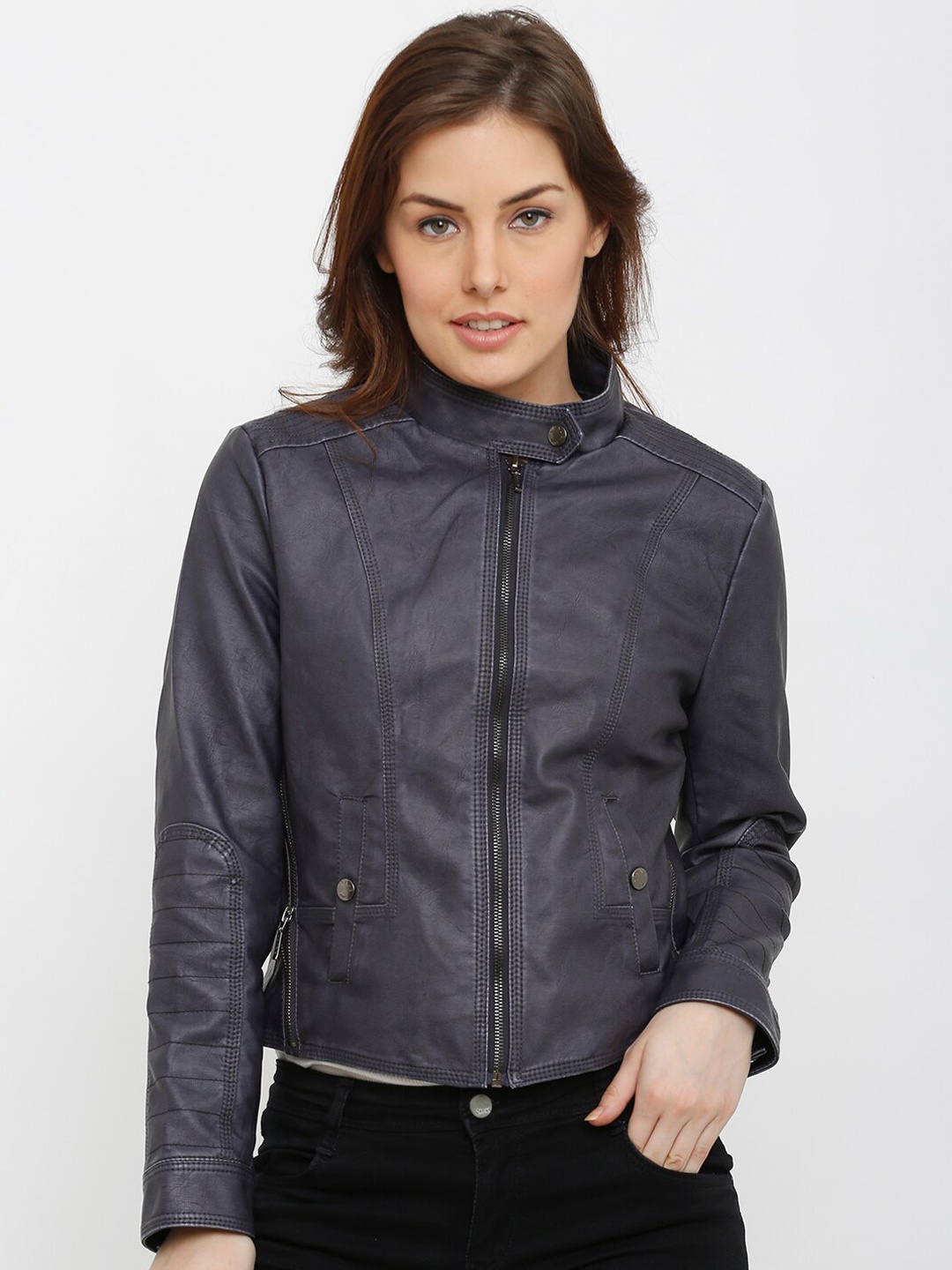 

Kraus Jeans Women Stand Collar Long Sleeves Biker Jacket, Navy blue