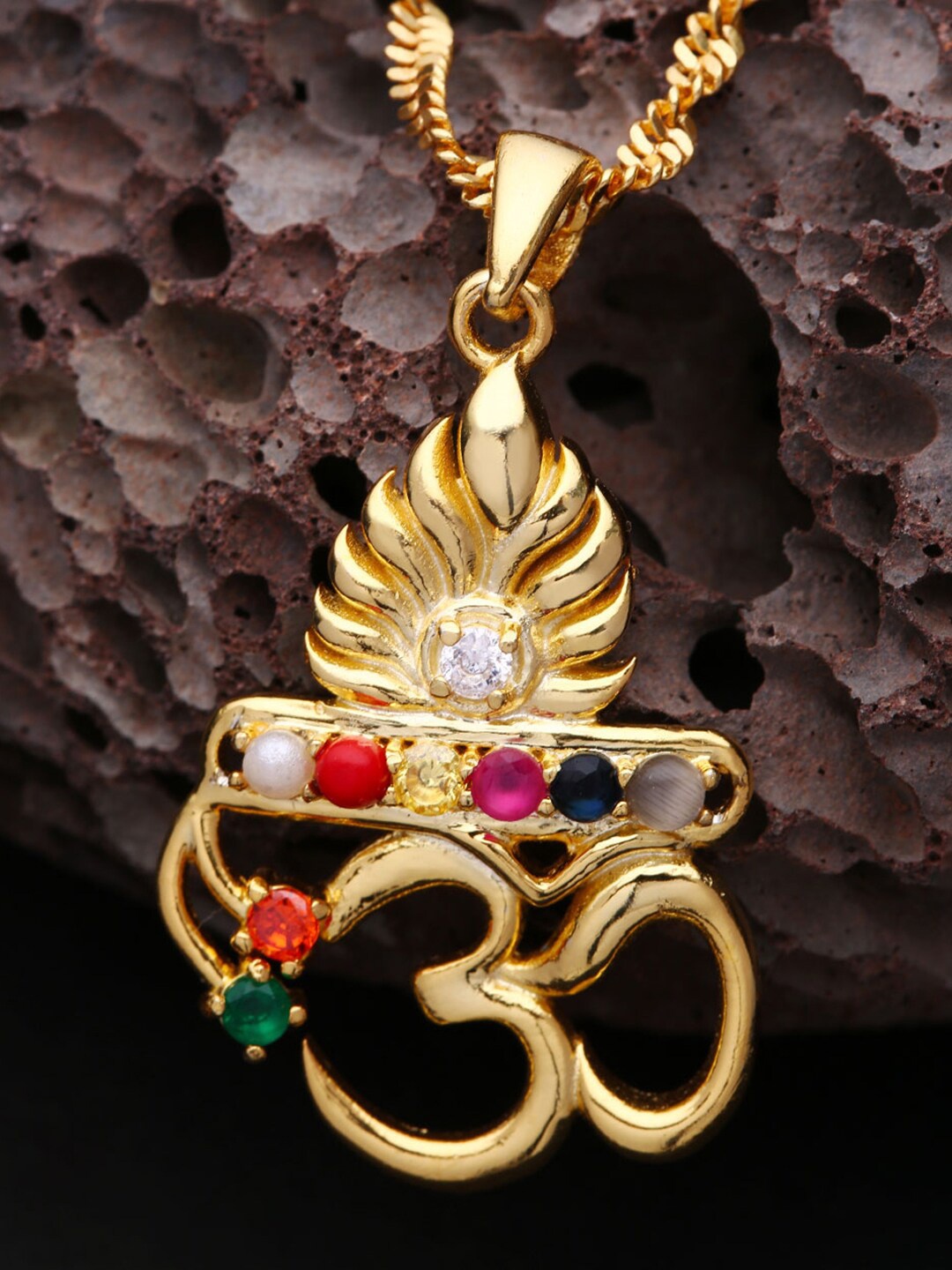 

Dare by Voylla Men Gold-Plated Stone-Studded Flute & OM Navratan Pendant With Chain, Red