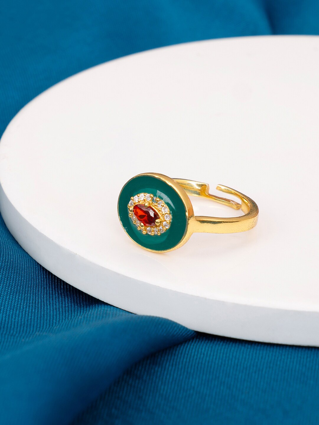 

GIVA 92.5 Sterling Silver Gold-Plated Stone-Studded Adjustable Finger Ring, Red