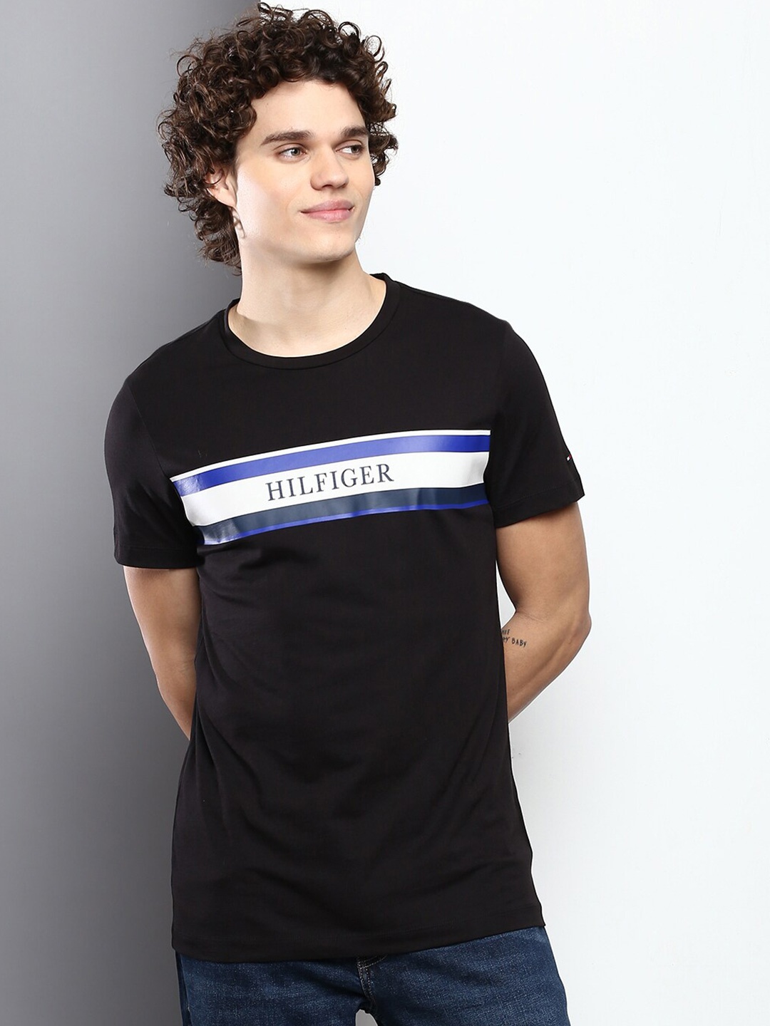 

Tommy Hilfiger Men Typography Printed Slim Fit Cotton T-shirt, Black