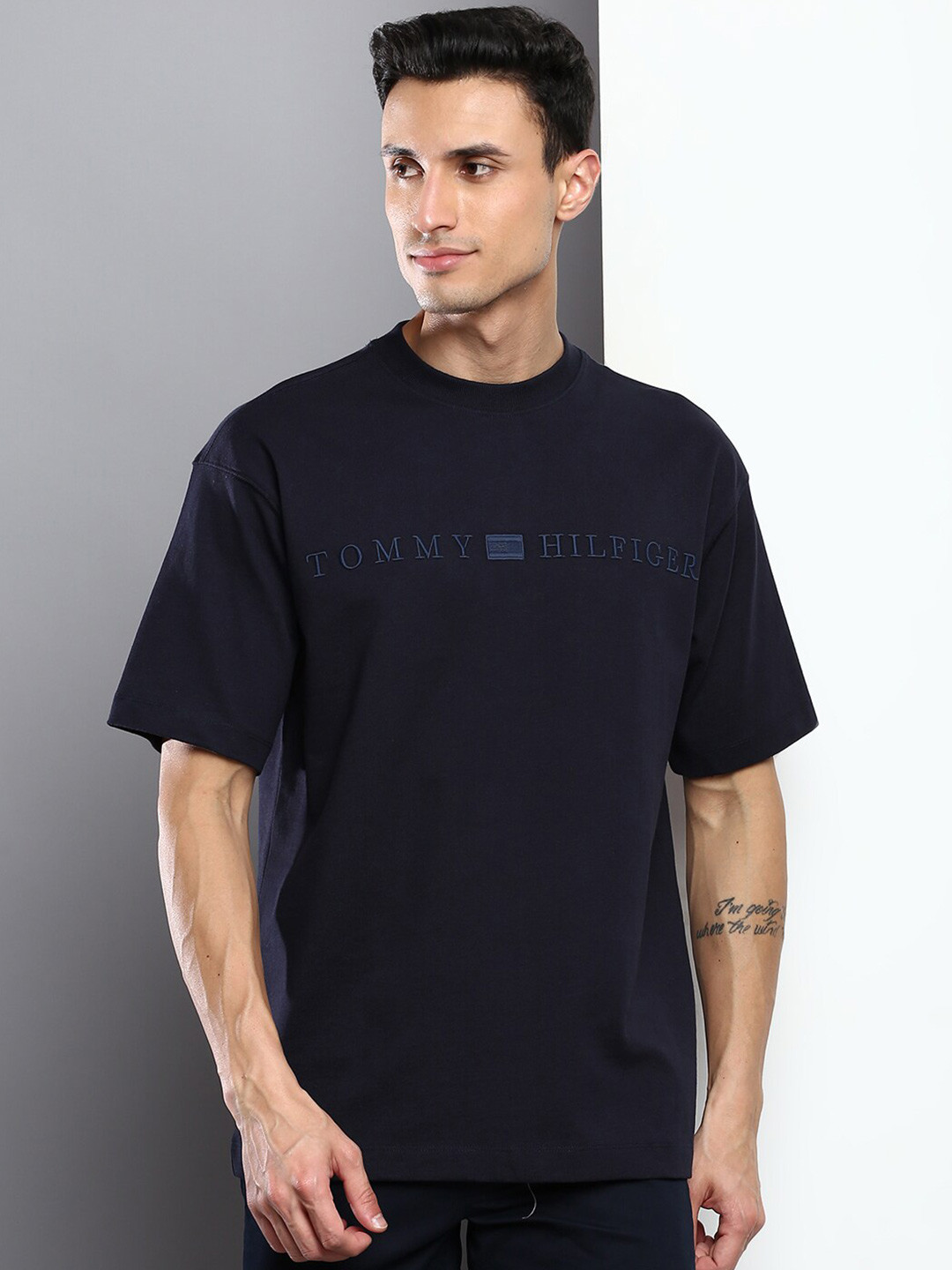 

Tommy Hilfiger Men Cotton Typography Printed T-shirt, Navy blue