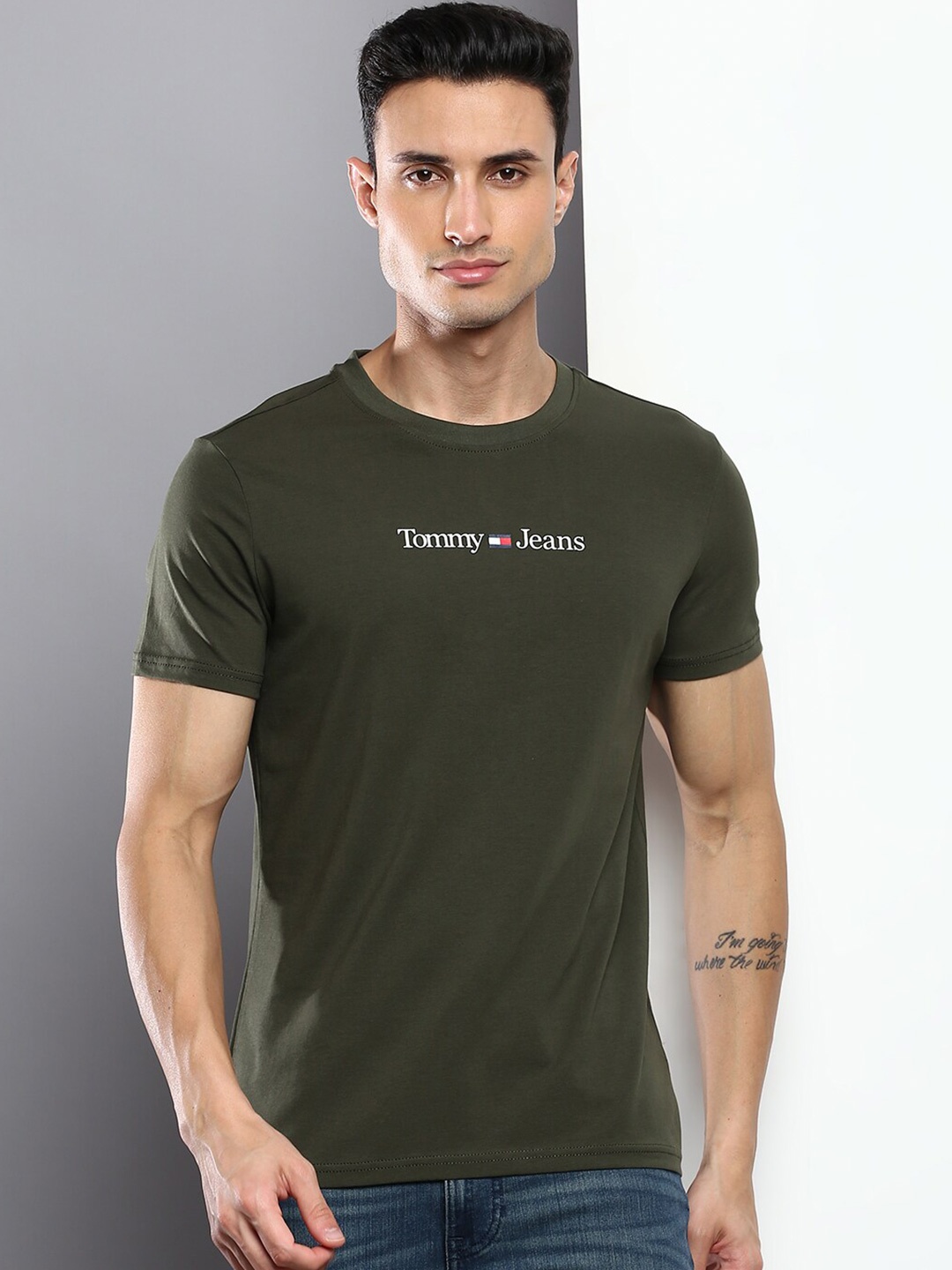 

Tommy Hilfiger Men Cotton Typography Printed Slim Fit T-shirt, Olive
