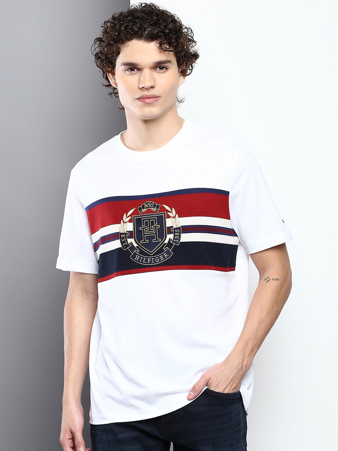 

Tommy Hilfiger Printed Brand Logo Round Neck Cotton T-shirt, White