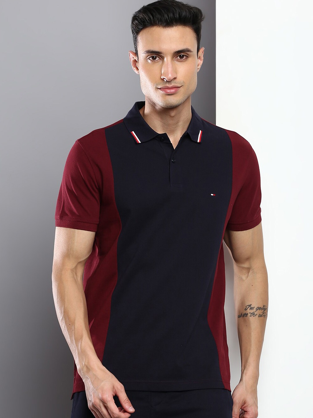 

Tommy Hilfiger Men Colourblocked Polo Collar Cotton T-shirt, Navy blue